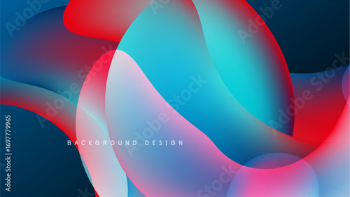 Abstract fluid shapes overlap, creating vibrant blue, red, cyan gradients. Dark background enhances luminosity, modern aesthetic.