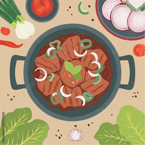 Authentic Korean Bulgogi Beef Sizzling in Pan with Onions, Garlic, and Sesame Seeds in Flat Vector Art
