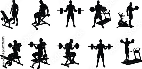 Silhouette Vector Set of Men Performing Gym Workouts with Dumbbells, Barbells, and Cardio Machines – Fitness and Training Concept