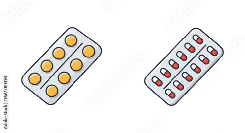 two blister packs containing yellow and red pills