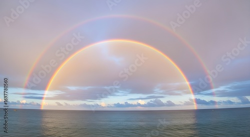 A spectacular, ultra-detailed photograph of a rare double rainbow arching over a serene tropical sea