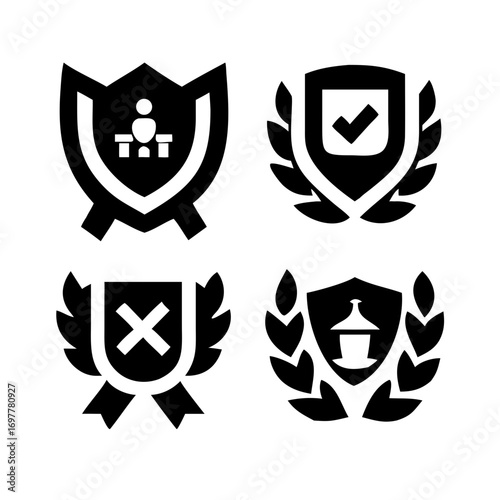 Vintage educational coat of arms set with university college and academy elements isolated vector illustration. Laurel wreaths, shields, ribbons illustration for awards,badges, and branding designs	