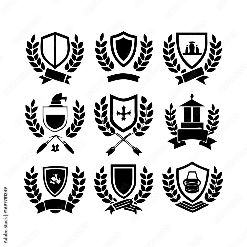 Fototapeta premium Vintage educational coat of arms set with university college and academy elements isolated vector illustration. Laurel wreaths, shields, ribbons illustration for awards,badges, and branding designs 