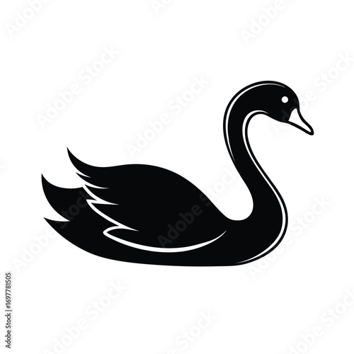Elegant black silhouette of a swan gracefully swimming in water