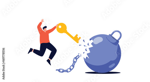 Man breaking free from heavy ball and chain using a golden key of freedom