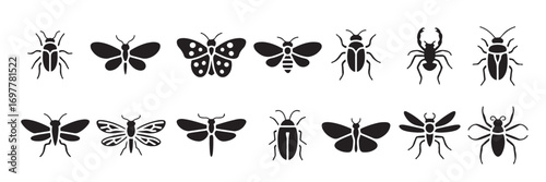  collection of fifteen black silhouettes of insects vector illustration