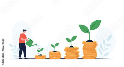 Person watering plants growing from stacks of coins illustrating financial growth and investment success