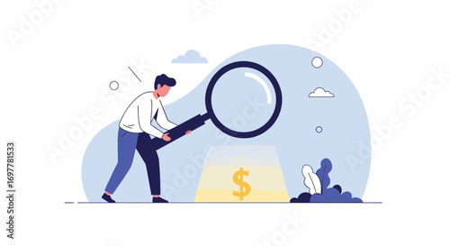 Person magnifying glass searching for money dollar symbol on light background