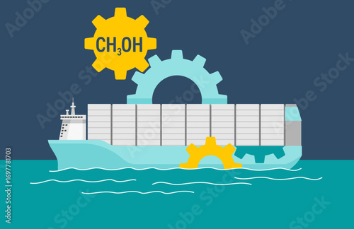 Methanol-powered technology for sea shipping. illustration for article or report