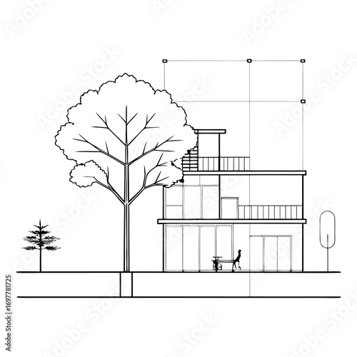 Architectural Drawings, Minimal style cad tree line drawing, Side view, set of section wetland forest outline for landscape design drawing. Vector illustration in seperate element