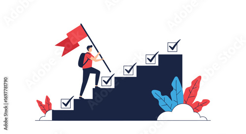Person climbing stairs with a flag on their back achieving goals and success step by step