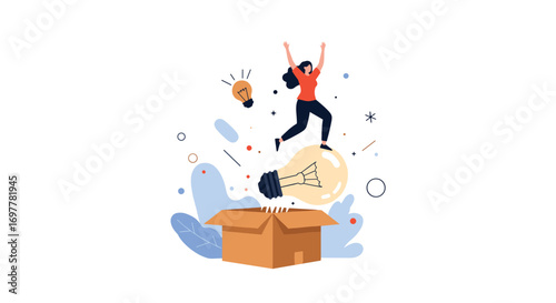 Person jumping out of a box with ideas and light bulbs surrounding them