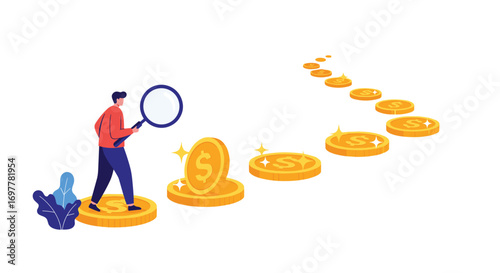 A person with magnifying glass on a path of gold coins illustrating financial growth and investment strategy