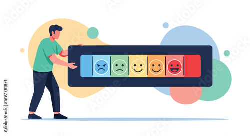 Customer satisfaction measurement gauge with diverse emotional faces displayed on a meter indicating satisfaction levels