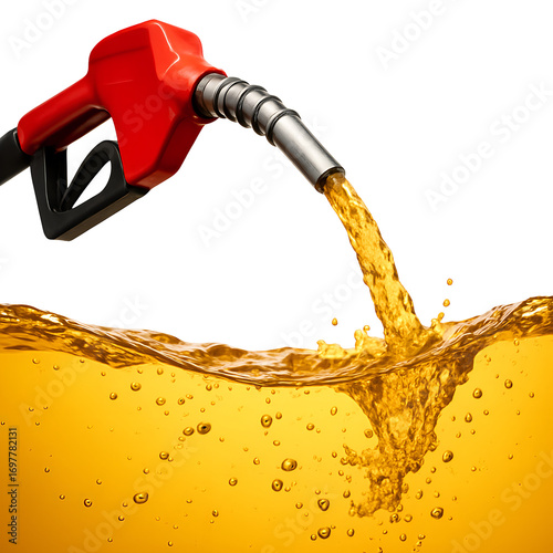 Red gas pump nozzle pouring fuel into liquid isolated on transparent background