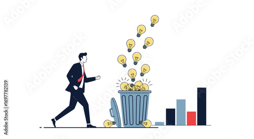 Businessman throwing away ideas into trash bin next to growth chart symbolizing business failure