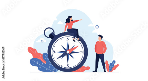 Two people observe a giant compass indicating direction and navigational guidance