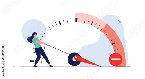 Woman pulling gauge needle towards maximum performance indicator