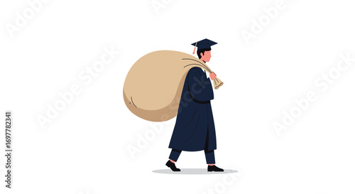 Graduate student carrying large bag of knowledge and experience after completing education