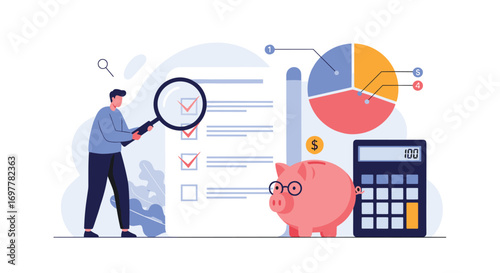 Analyzing financial data and business performance with a checklist and piggy bank