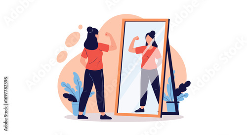 A woman flexes her muscles in the mirror showing confidence and strength
