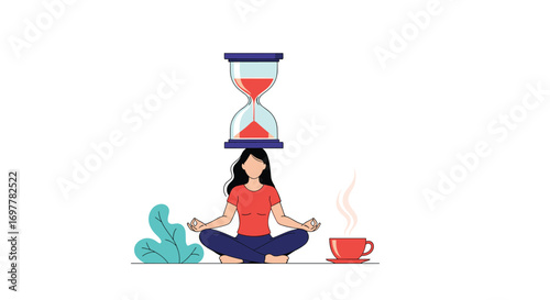 Woman meditating with an hourglass balanced on her head beside a hot cup of coffee and a plant