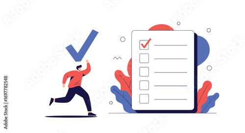 Man checking off tasks on a complete to do list with a checklist and a checkmark symbol