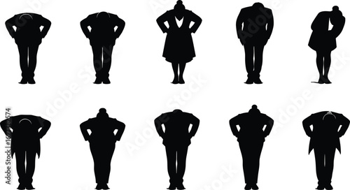Silhouette Vector Set of People Bowing in Respect – Male and Female Formal Greeting or Apology Poses for Cultural Concepts