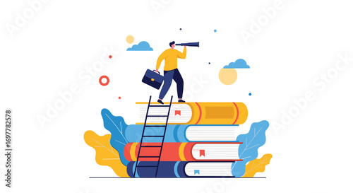 Illustrating a young man standing on books looking through a telescope for opportunities and knowledge