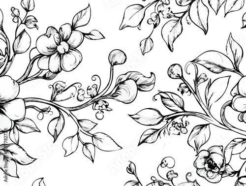Intricate hand drawn botanical illustration of blooming flowers and leaves in a delicate black and white sketch style