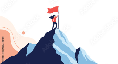 Determined woman planting flag on mountain peak celebrating achievement and victory reaching the summit