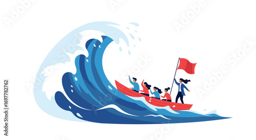 Courageous team navigates treacherous waves on a small boat with a triumphant flag raising high