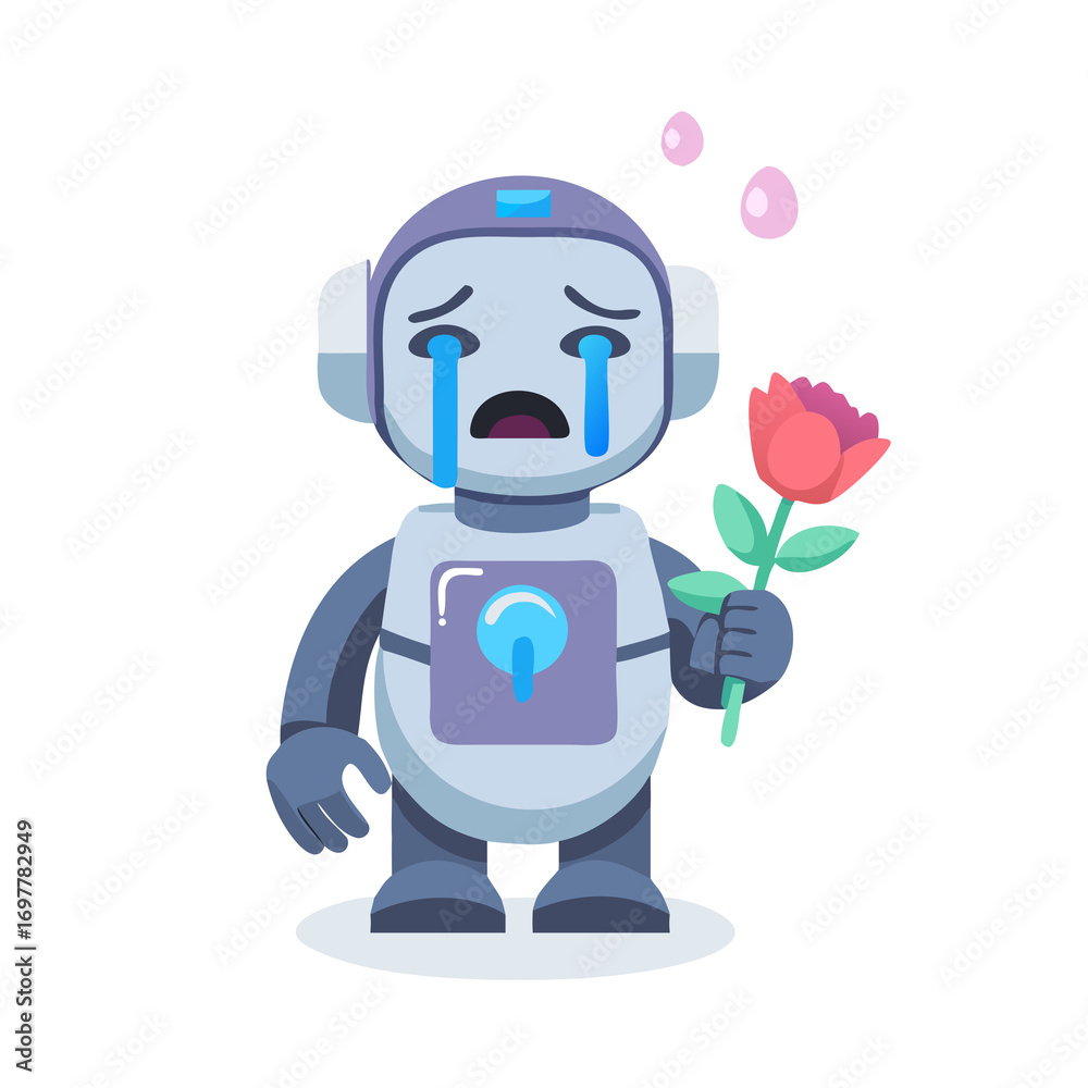 Fototapeta premium Crying Robot Holding a Rose – Sad Love or Heartbroken AI Concept
