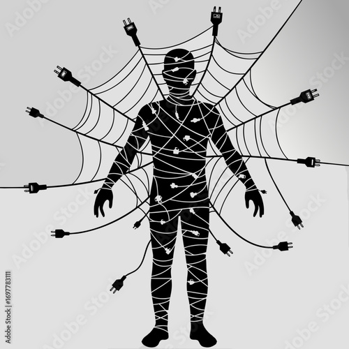 A man entangled in wires like a spider in a web. A metaphor for digital addiction and slavery. The loss of freedom and control in a world where humans are trapped in a web of code and technology.