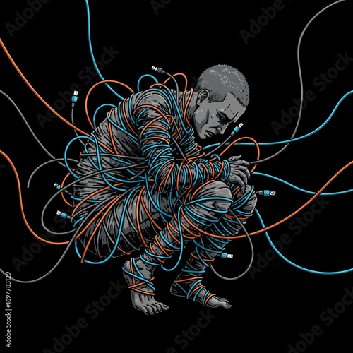 A man entangled in wires like a spider in a web. A metaphor for digital addiction and slavery. The loss of freedom and control in a world where humans are trapped in a web of code and technology.