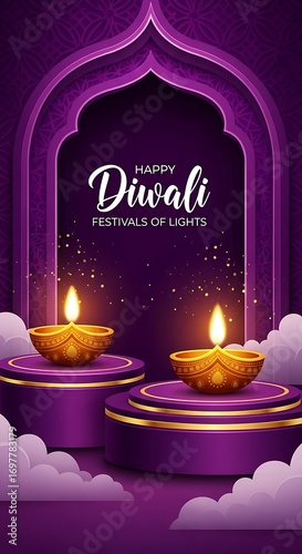 Happy diwali festival of lights with two diyas on purple podiums and clouds