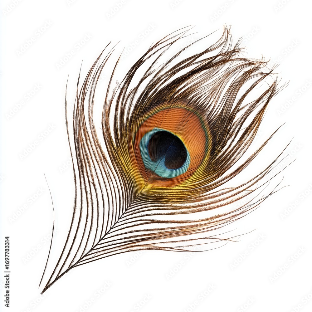 Obraz premium Single peacock feather macro photography with iridescent blue and green eye spot, symbol of beauty, pride, elegance, and exotic nature