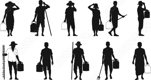 Silhouette vector set of rural people and farmers carrying water buckets and tools, representing agriculture, labor, countryside, and farming lifestyle.