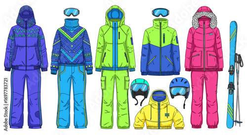 Colorful ski and snowboard outfits in vector illustration style