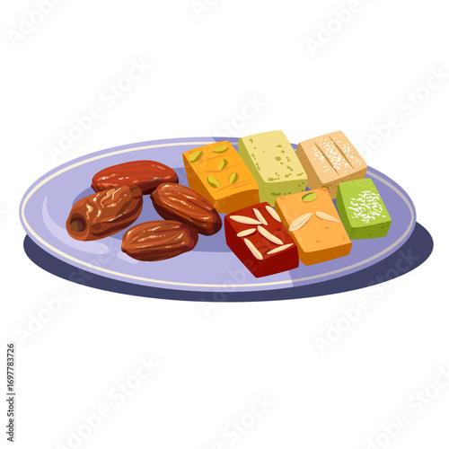 Festive celebration illustration with tea glasses, crispy fried food, and samosas