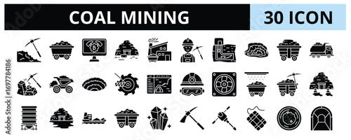 30 Coal Mining Glyph Icons Vector - Coal Extraction, Coal Resource, Mineral, Tunnel, Surface Mining, Jackhammer, Coal Transportation