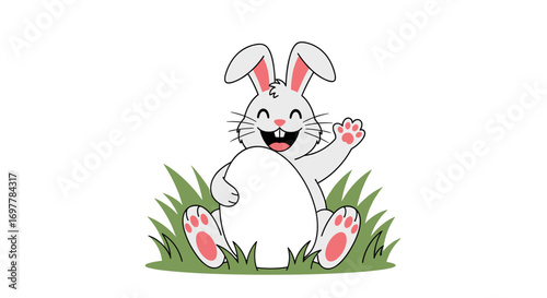 Happy easter bunny sitting in green grass next to a large egg waving hello and smiling joyfully