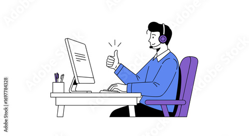 Customer support agent provides excellent service online with a thumbs up gesture