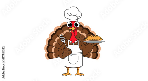 A cheerful cartoon turkey chef proudly presents a delicious baked pie ready for a festive gathering