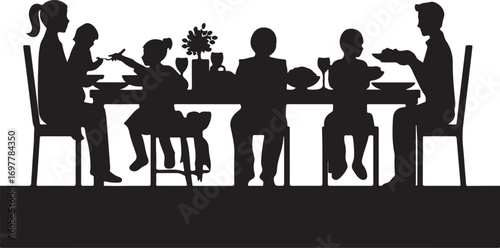 Black silhouette of a family gathered around a dinner table with food and drinks meal eating