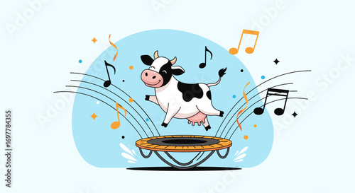 Whimsical cow joyfully bouncing on a trampoline surrounded by musical notes and confetti