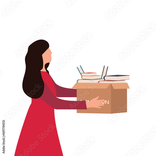 Books donation and bookcrossing concept. Woman holding book box. Time for knowledge charity. Donation box full of books. vector illustration