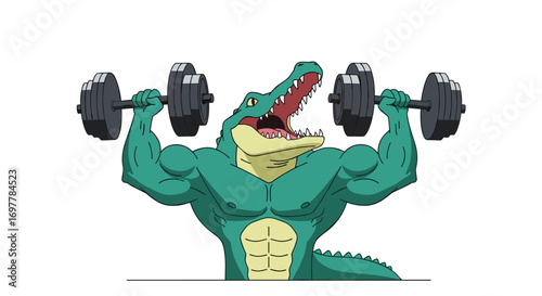 Muscular green alligator demonstrating incredible strength lifting heavy dumbbells for fitness