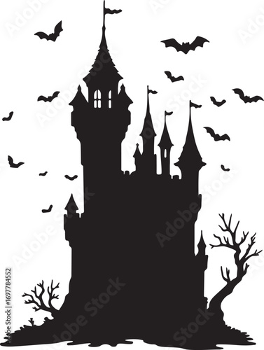 Black silhouette of a gothic castle with bats flying around on a white background vector