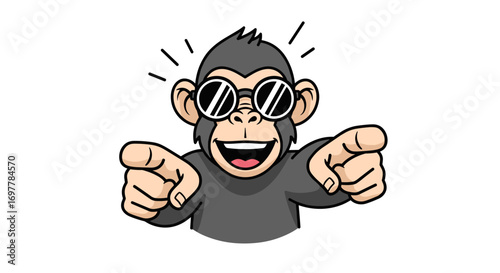 Funny cartoon monkey wearing sunglasses pointing with a big smile